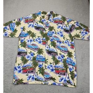 Island Collection Hawaiian Shirt Mens XL Cars Floral Button Up Rayon Yellow Blue